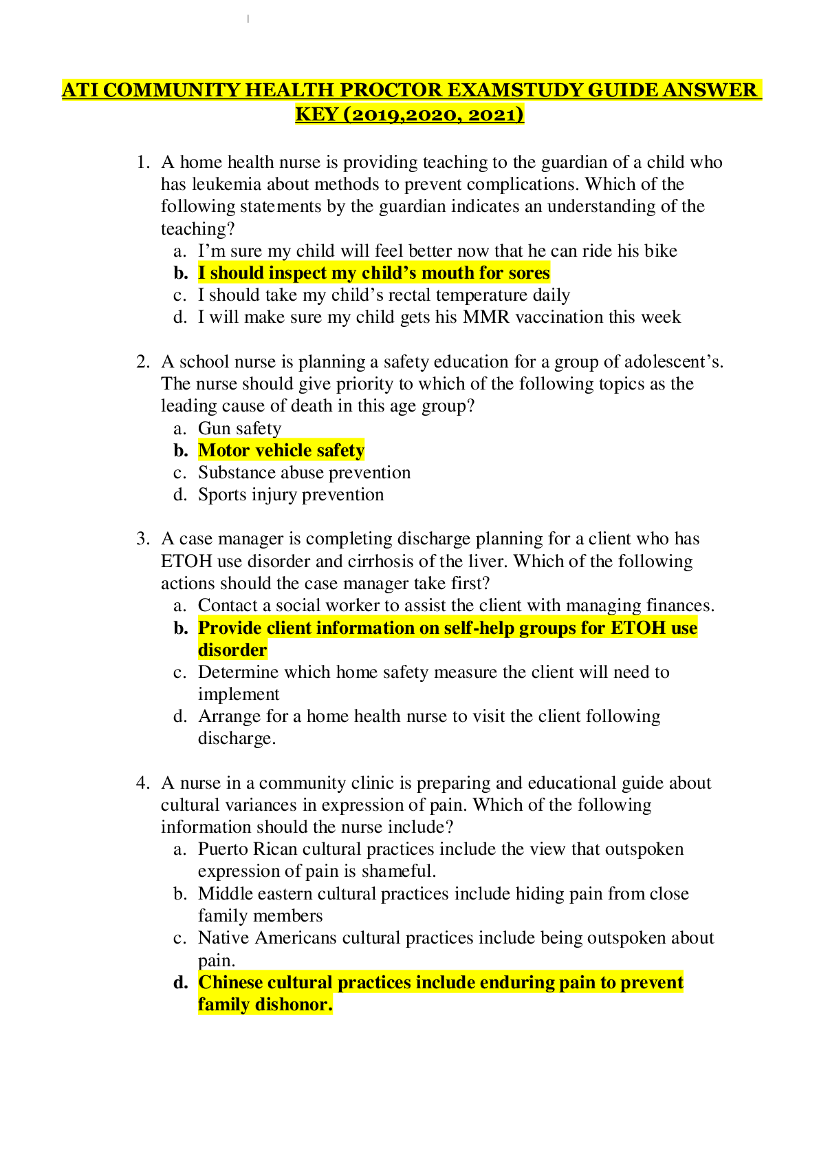 Preview image for ATI COMMUNITY HEALTH PROCTOR EXAM   STUDY GUIDE ANSWER KEY (2019,2020, 2021)